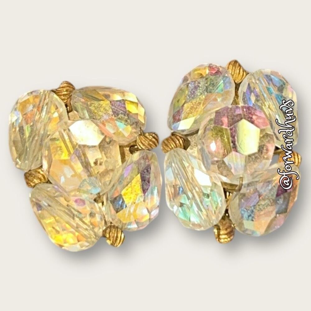 Vintage Clip On Earrings Aurora Borealis Beads￼
